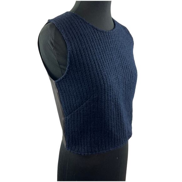 NAVY BLACK Cable Knit Crop Sleeveless Leather Back Round Neck Pullover Top Sz M - Picture 1 of 6
